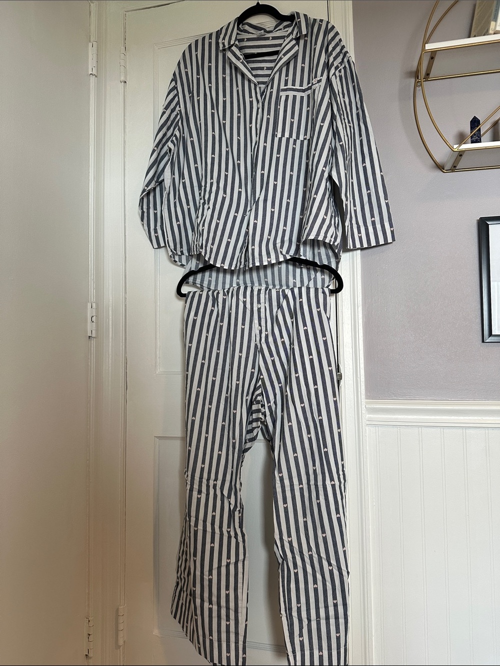 Only Stripe-Print Button-Up Pajama Set in Navy & white